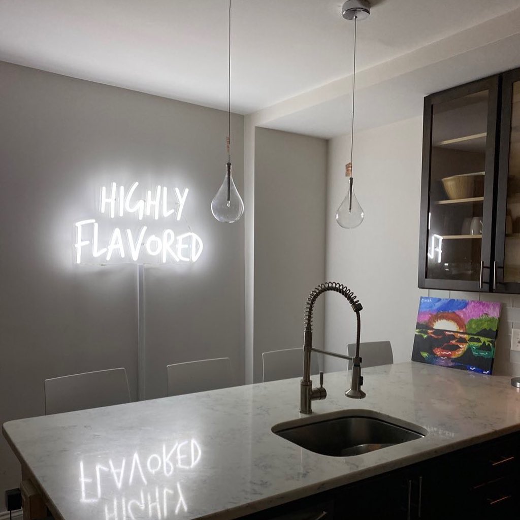 White Kitchen Neon Sign "Highly Flavored"