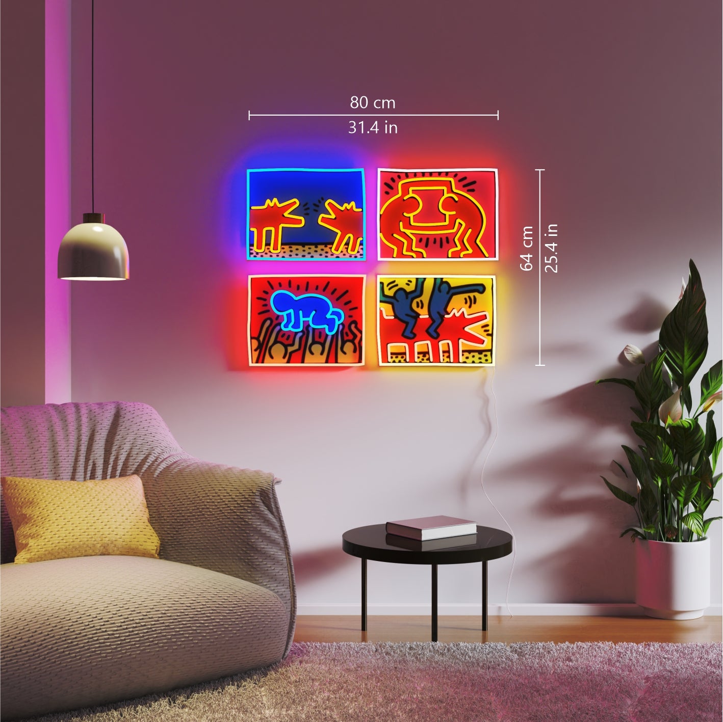 ミックスカラーのイエローポップ x キース・ヘリング LED ネオンサイン